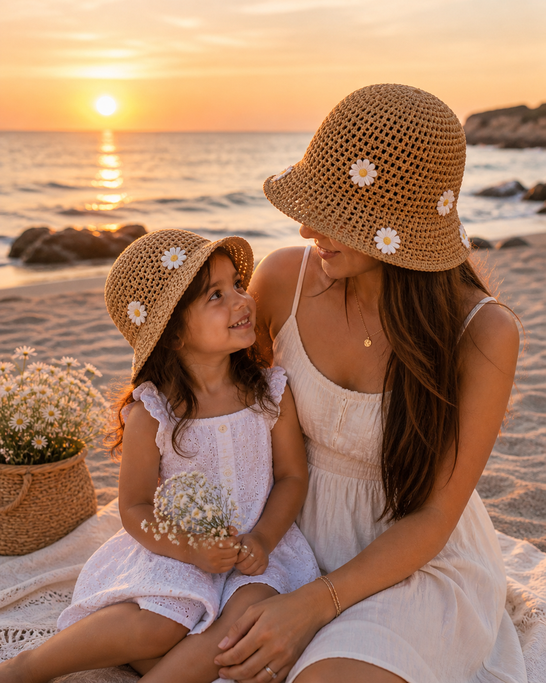 Mylo’Ta Mama & Mini Häkelhut Set – Beige Luxury Edition | Exklusives Mutter-Tochter Matching Set
