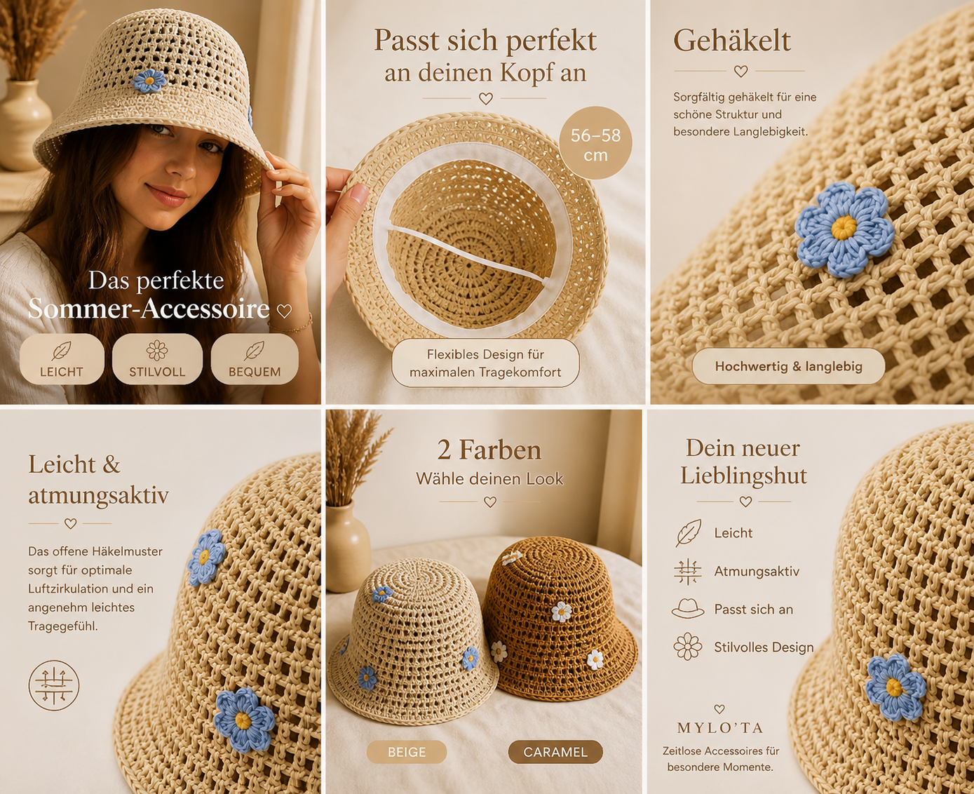 Mylo’Ta Damen Häkelhut mit Blümchen – Leicht & Elegant | Sommer Bucket Hat