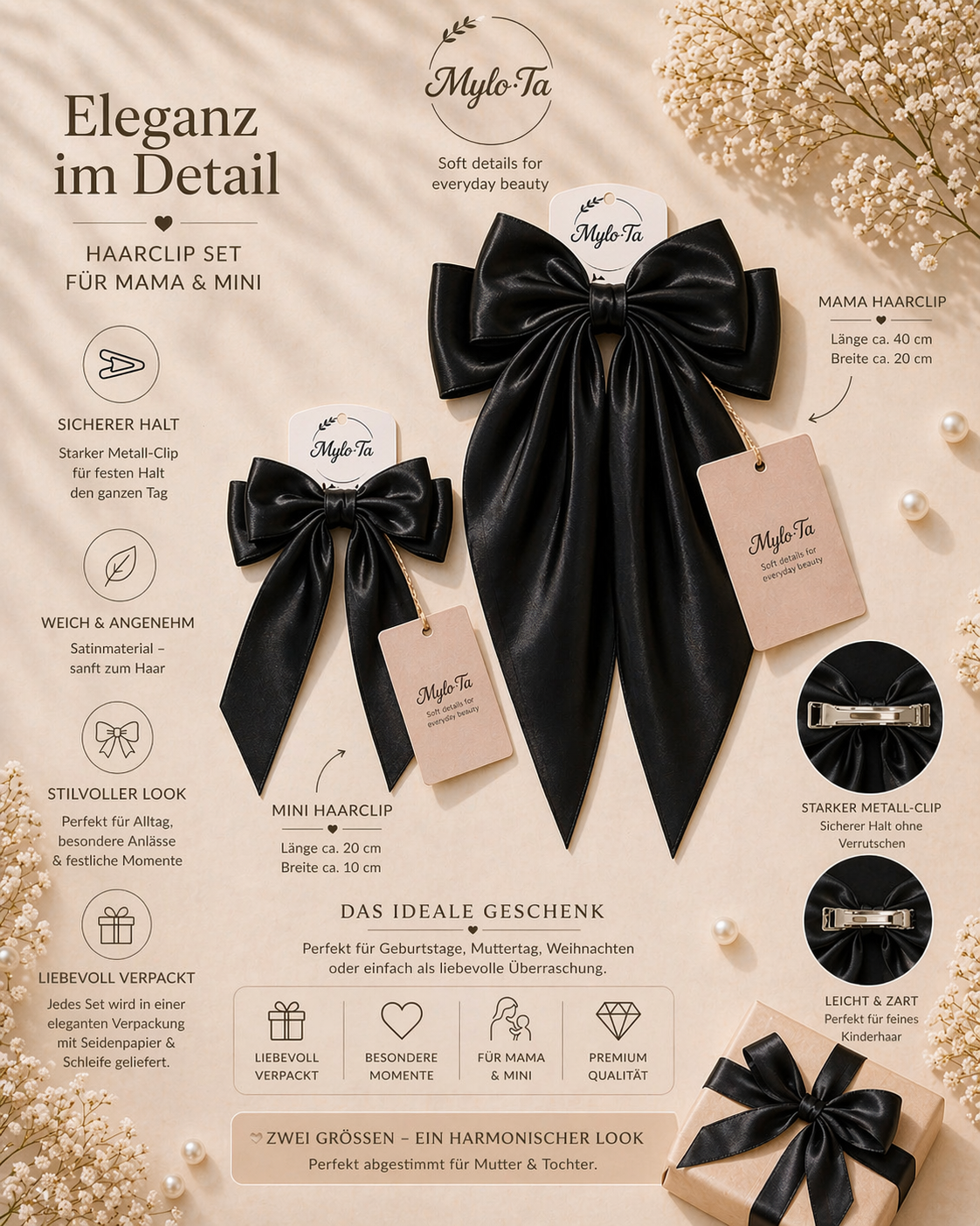 Mama & Tochter Schleifen Set – Satin Haarspangen | Elegant & Zeitlos | Mylo’Ta