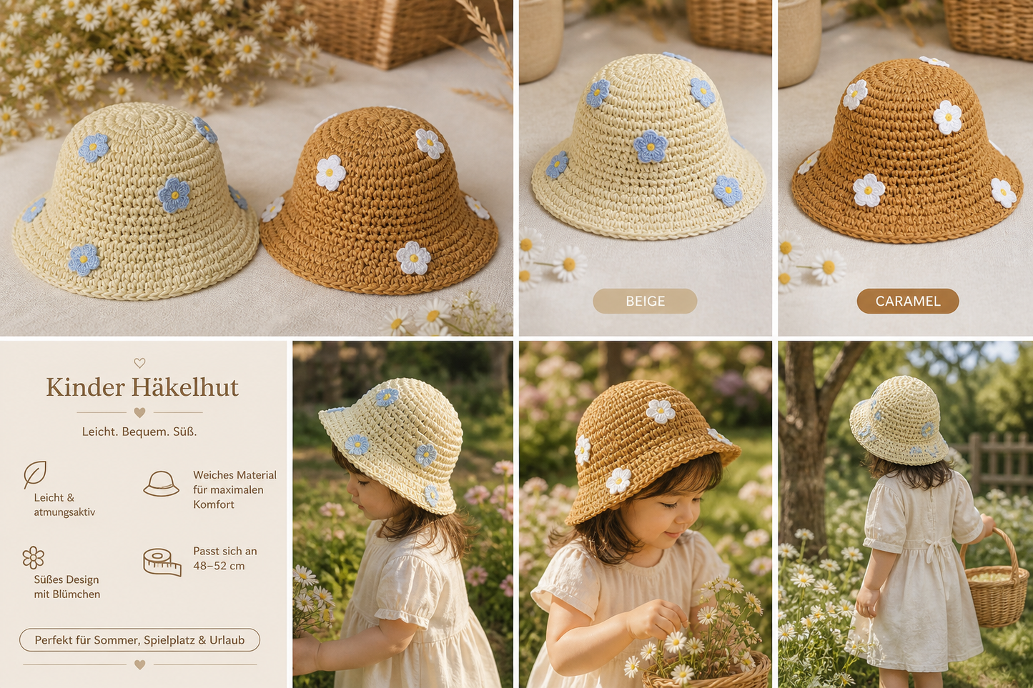 Mylo’Ta Kinder Häkelhut mit Blümchen – Leicht & Bequem | Sommerhut Mädchen