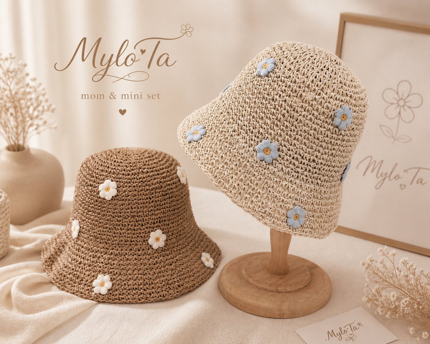 Mylo’Ta Mama & Mini Häkelhut Set – Beige Luxury Edition | Exklusives Mutter-Tochter Matching Set