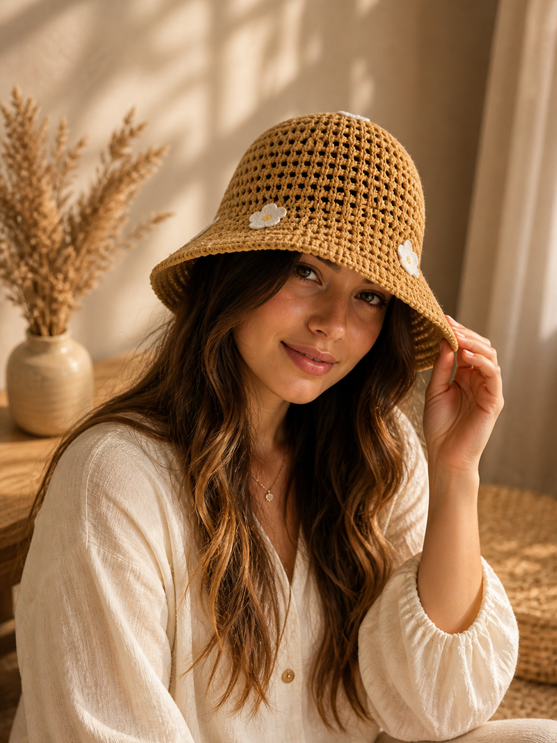 Mylo’Ta Damen Häkelhut mit Blümchen – Leicht & Elegant | Sommer Bucket Hat
