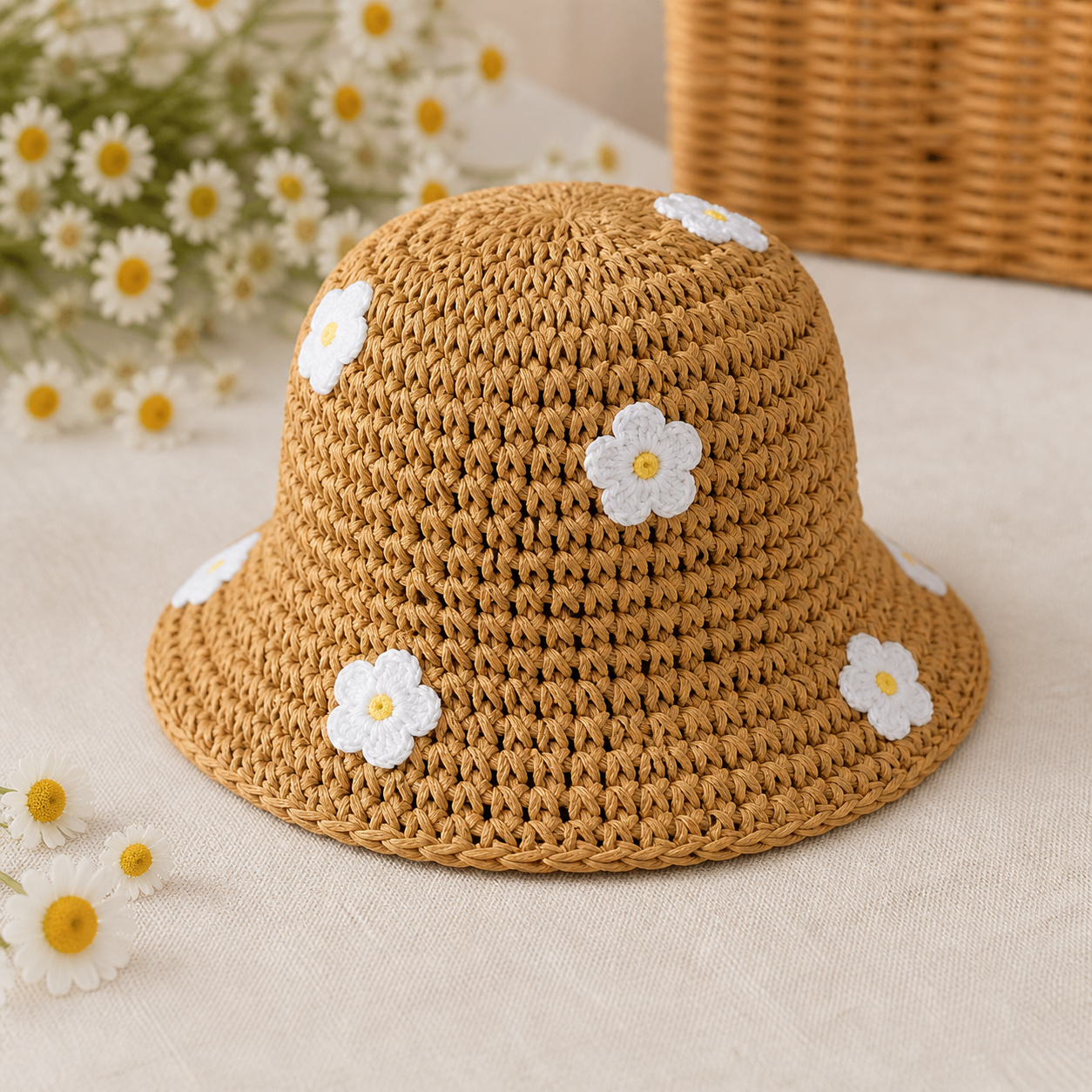 Mylo’Ta Damen Häkelhut mit Blümchen – Leicht & Elegant | Sommer Bucket Hat
