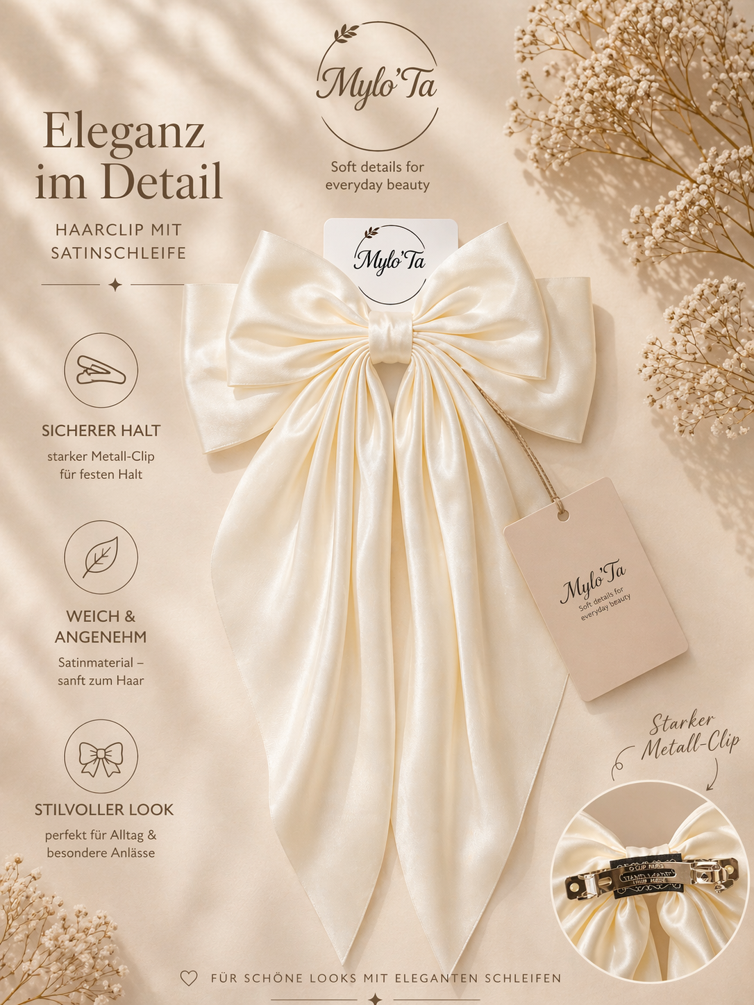 Luxus Satin Haarschleife – Große Haarspange mit starkem Clip | Mylo’Ta