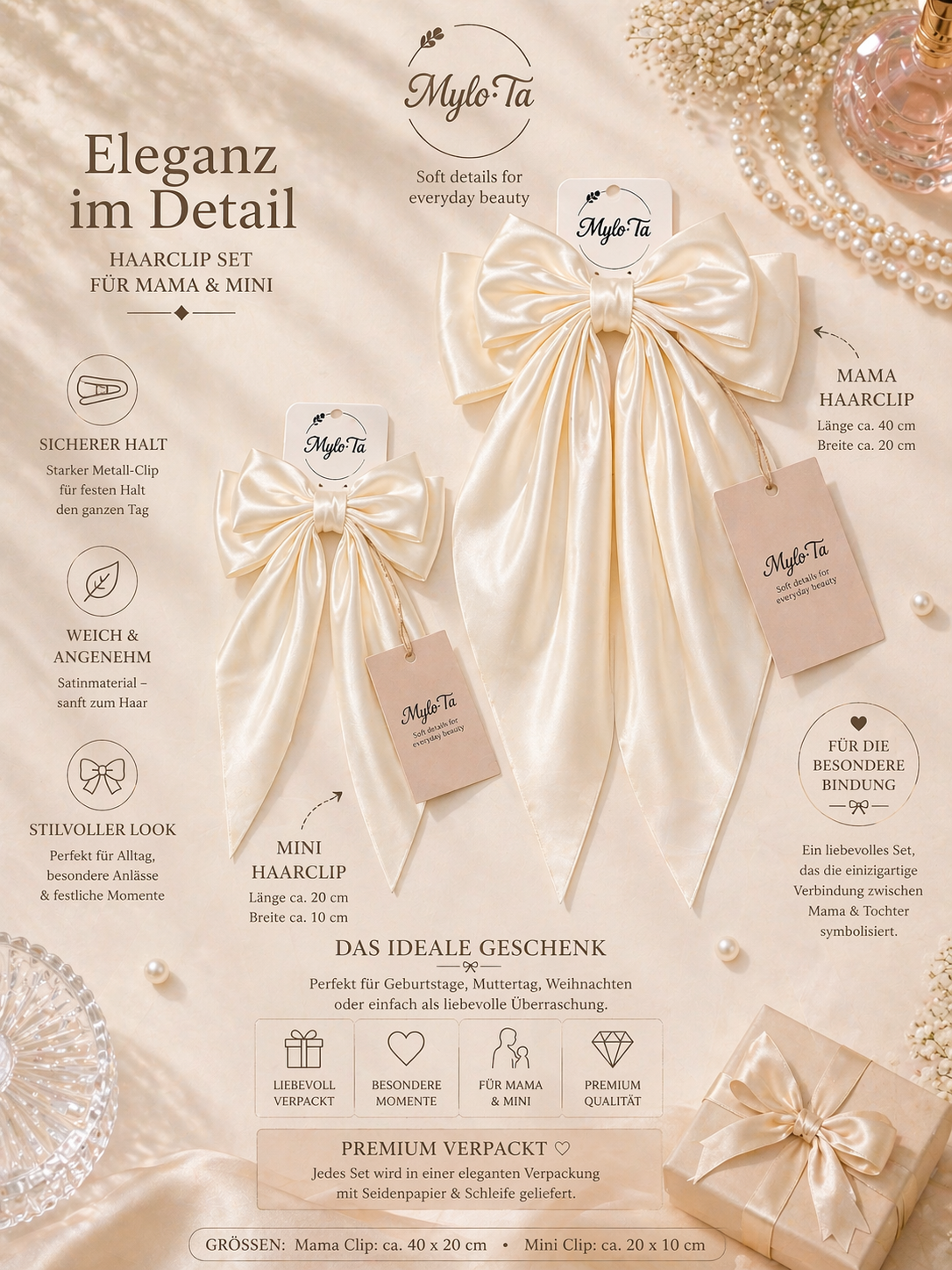 Mama & Tochter Schleifen Set – Satin Haarspangen | Elegant & Zeitlos | Mylo’Ta