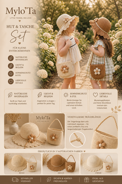 Kinder Sommer Set – Strohhut & Tasche mit Blume 🌸