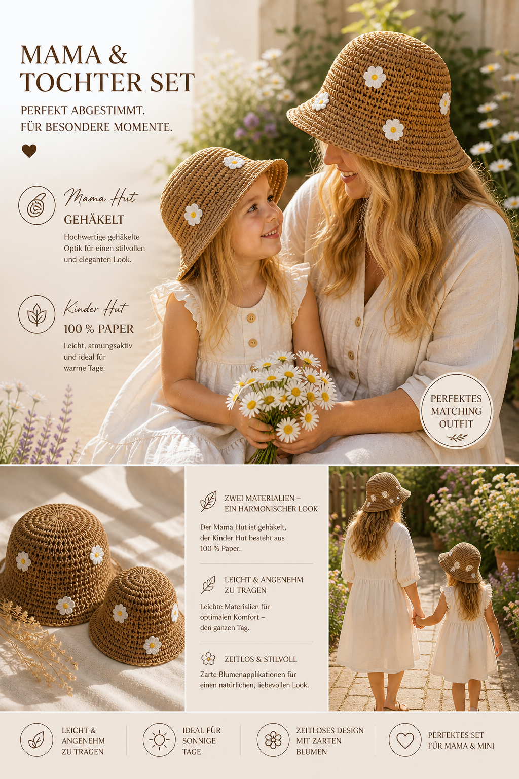 Mylo’Ta Mama & Mini Häkelhut Set – Beige Luxury Edition | Exklusives Mutter-Tochter Matching Set