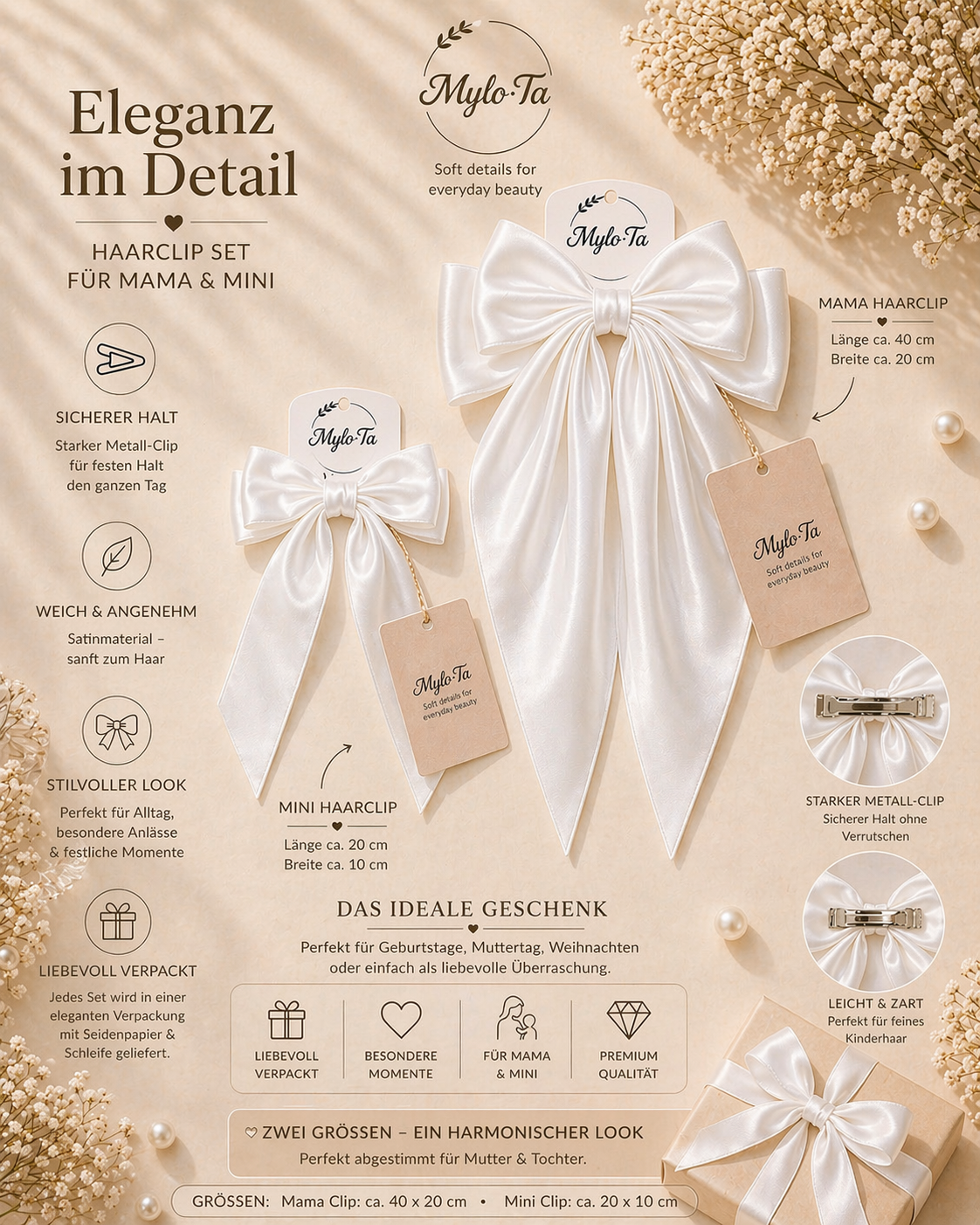 Mama & Tochter Schleifen Set – Satin Haarspangen | Elegant & Zeitlos | Mylo’Ta