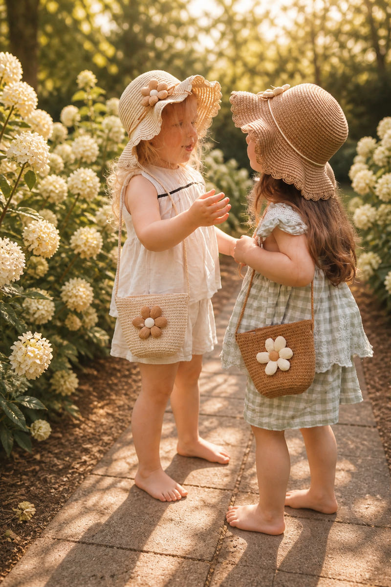 Kinder Sommer Set – Strohhut & Tasche mit Blume 🌸