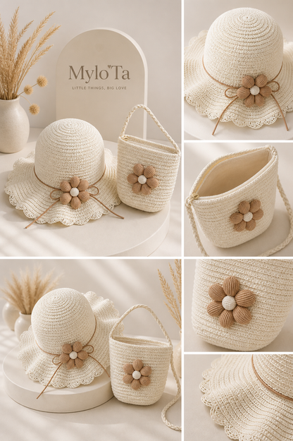 Kinder Sommer Set – Strohhut & Tasche mit Blume 🌸