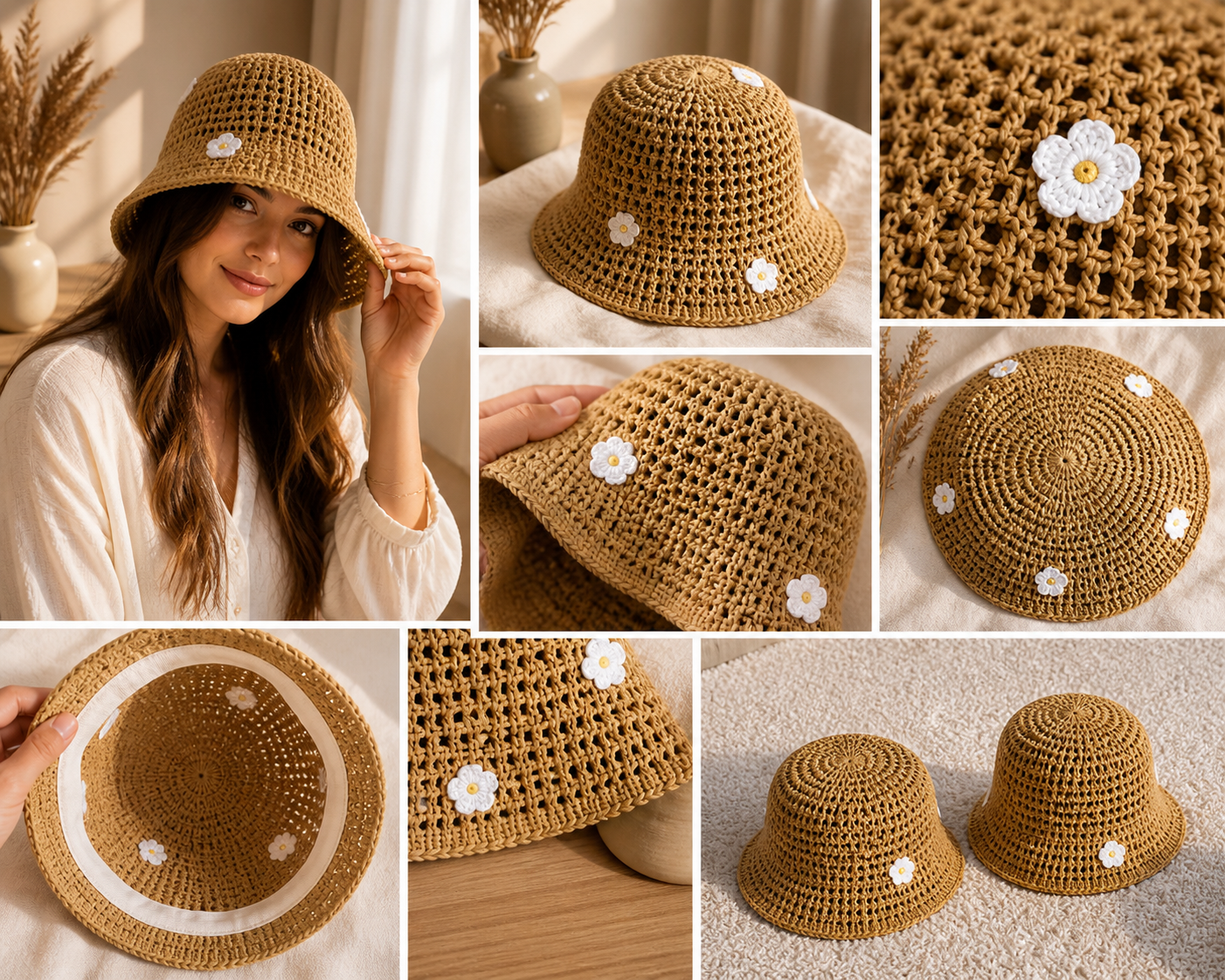 Mylo’Ta Damen Häkelhut mit Blümchen – Leicht & Elegant | Sommer Bucket Hat