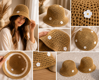 Mylo’Ta Damen Häkelhut mit Blümchen – Leicht & Elegant | Sommer Bucket Hat