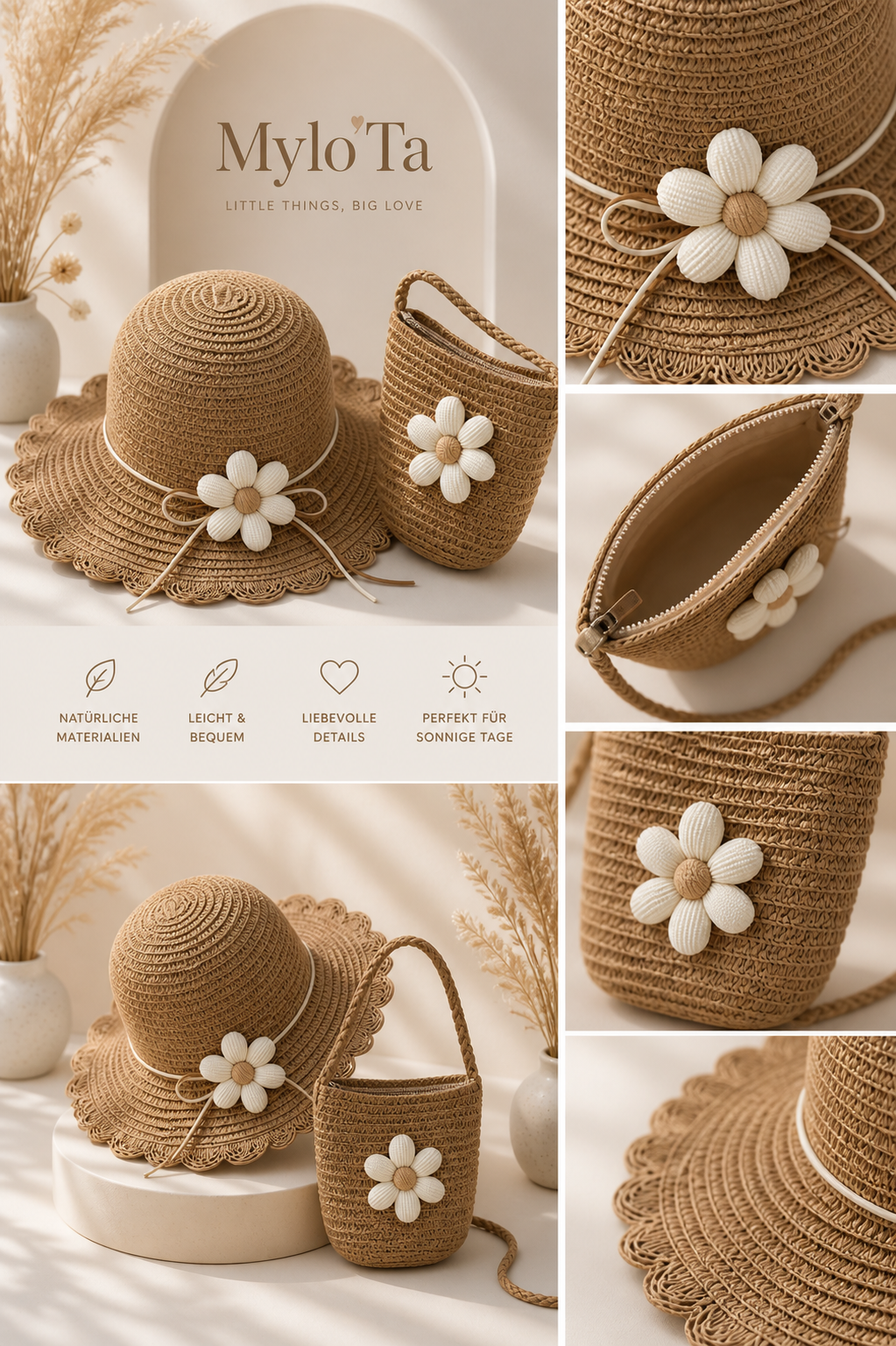 Kinder Sommer Set – Strohhut & Tasche mit Blume 🌸