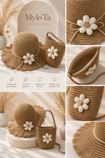Kinder Sommer Set – Strohhut & Tasche mit Blume 🌸