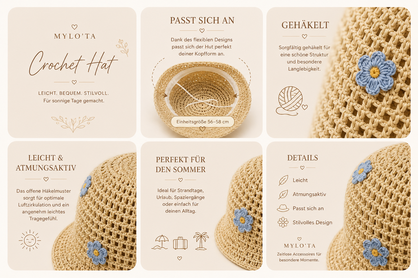 Mylo’Ta Damen Häkelhut mit Blümchen – Leicht & Elegant | Sommer Bucket Hat