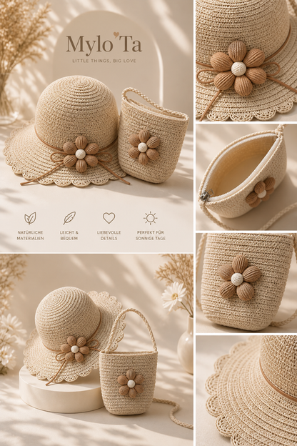 Kinder Sommer Set – Strohhut & Tasche mit Blume 🌸