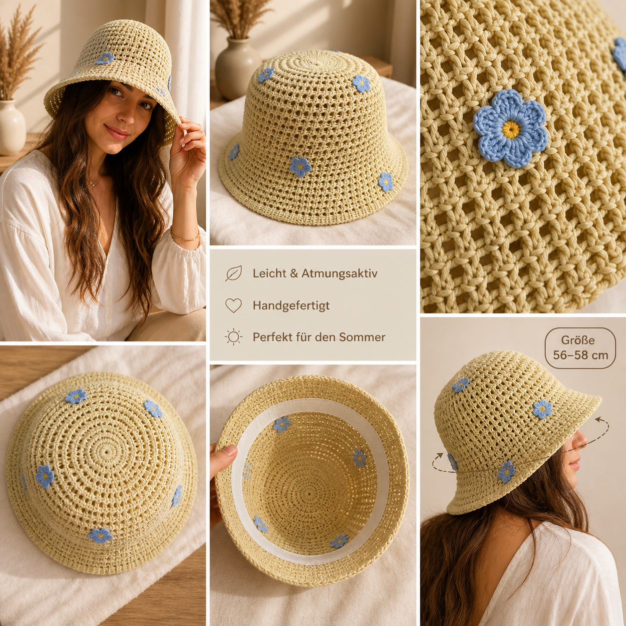 Mylo’Ta Damen Häkelhut mit Blümchen – Leicht & Elegant | Sommer Bucket Hat