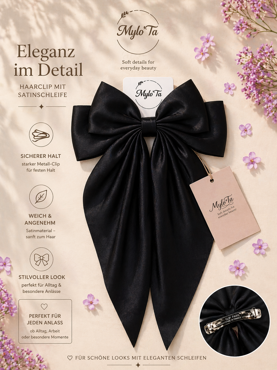 Luxus Satin Haarschleife – Große Haarspange mit starkem Clip | Mylo’Ta