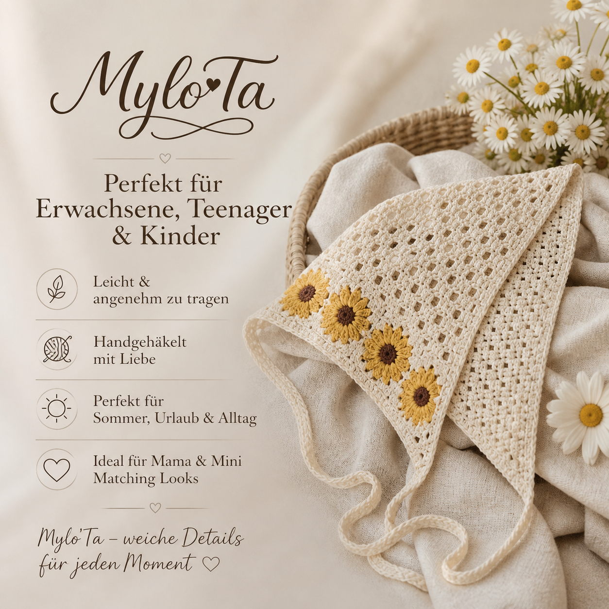 Mylo’Ta Häkel-Headscarf 🤍 Handmade Crochet Kopftuch für Damen, Teenager & Kinder ✨ One Size