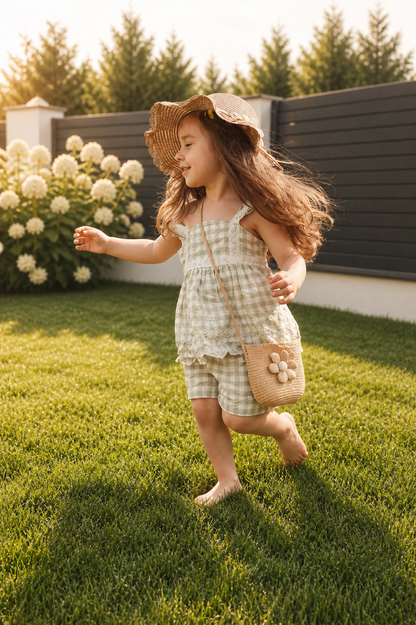 Kinder Sommer Set – Strohhut & Tasche mit Blume 🌸